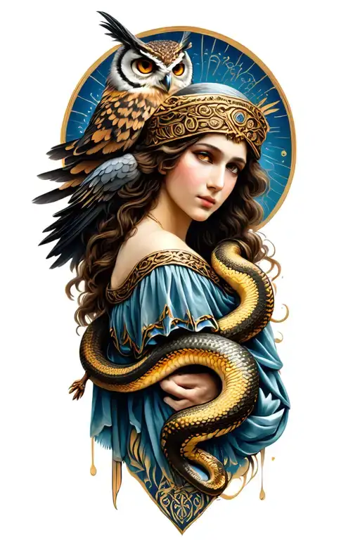goddess athena with owl and snake tattoo design idea