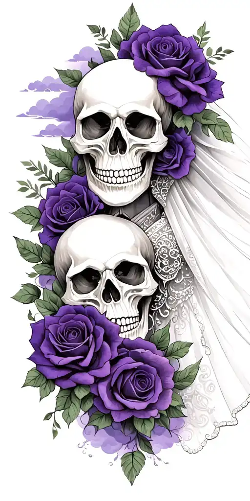 A bride and groom skulls with a backdrop of dark purple roses and purple clouds surrounding the tattoo tattoo design idea