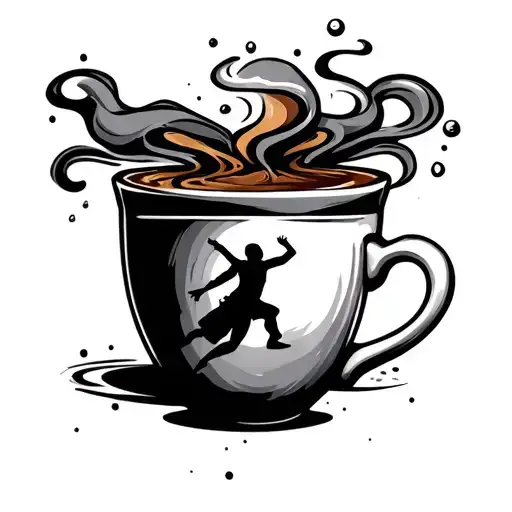 Espresso cup of steaming with sports symbols and the steam forms a dancing figure tattoo design idea