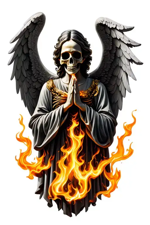  praying angel skeliton in  flames tattoo design idea