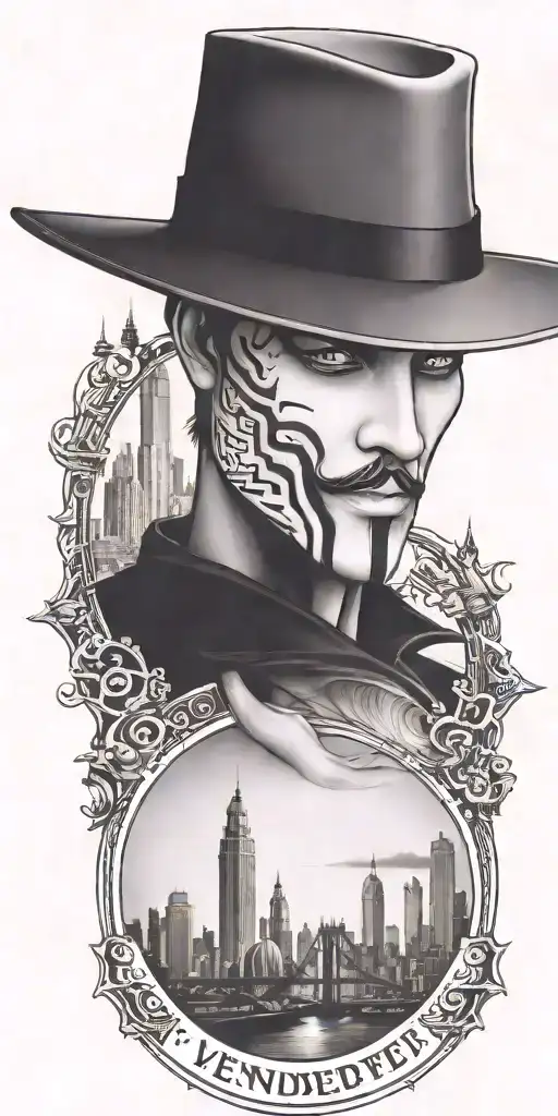 v for vendetta. hat with city skyline in the background with qr code tattoo design idea
