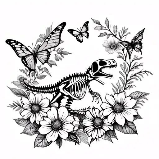 flowers butterfly dinosaur skeleton tattoo design idea