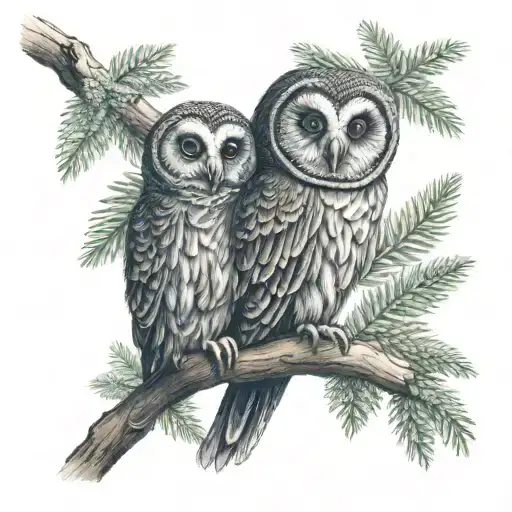 Owl hugging Sloth Evergreen tree branch tattoo design idea