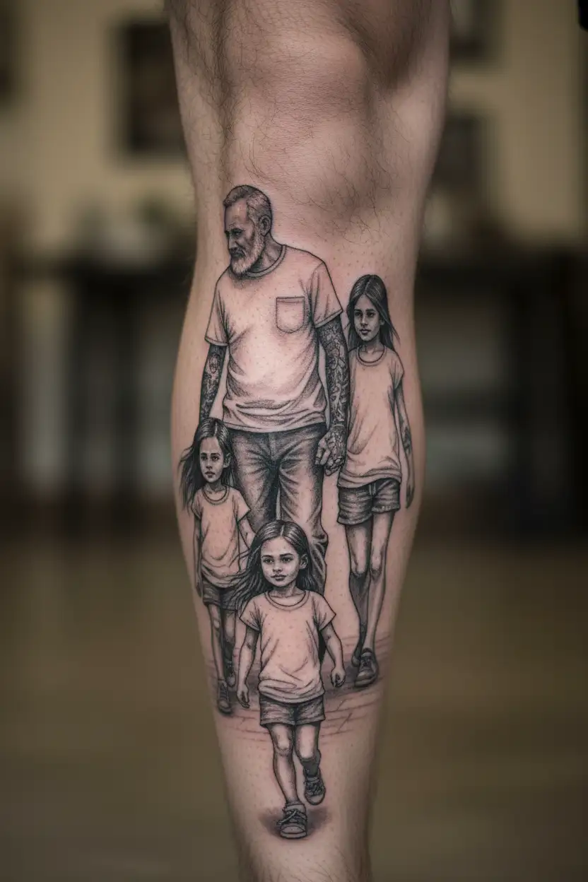 father with 3 daughters walking hand tattoo design idea
