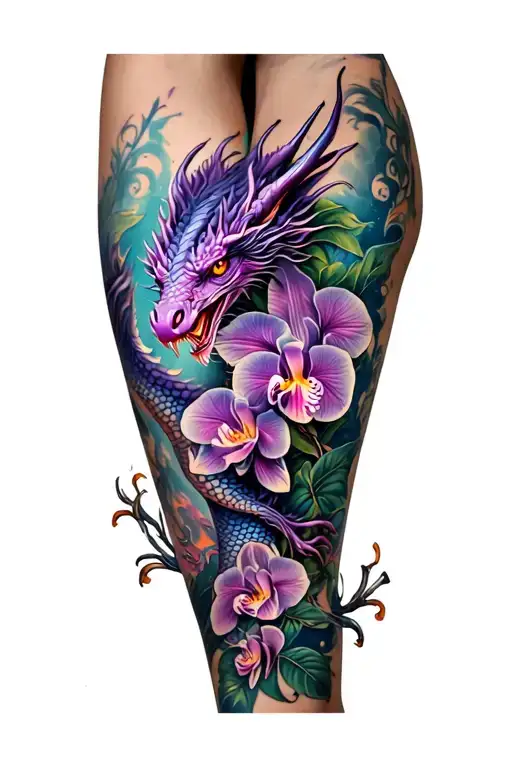 full leg tattoo purple dragon and orchids tattoo design idea