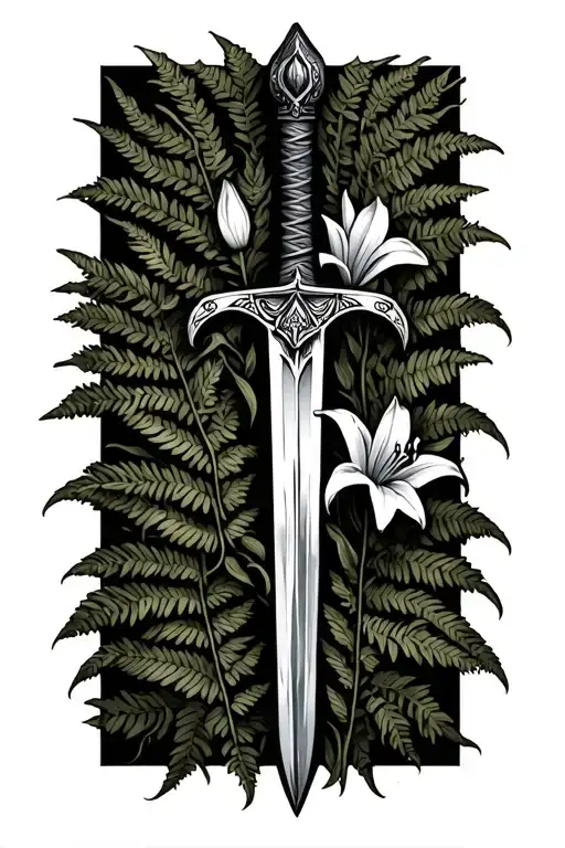 viking sword laying in ferns with lillies on the side tattoo design idea