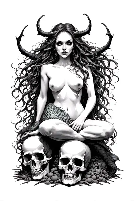 evil horror mermaid with no legs topless sitting on a pile of skulls  tattoo design idea