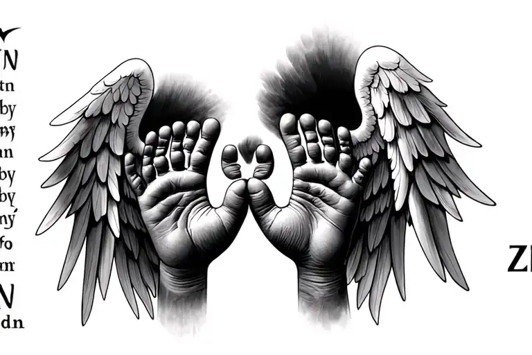 "zaidyn" "zaidyn" memorial for my baby nephew with hand or feet prints with angel wings  tattoo design idea