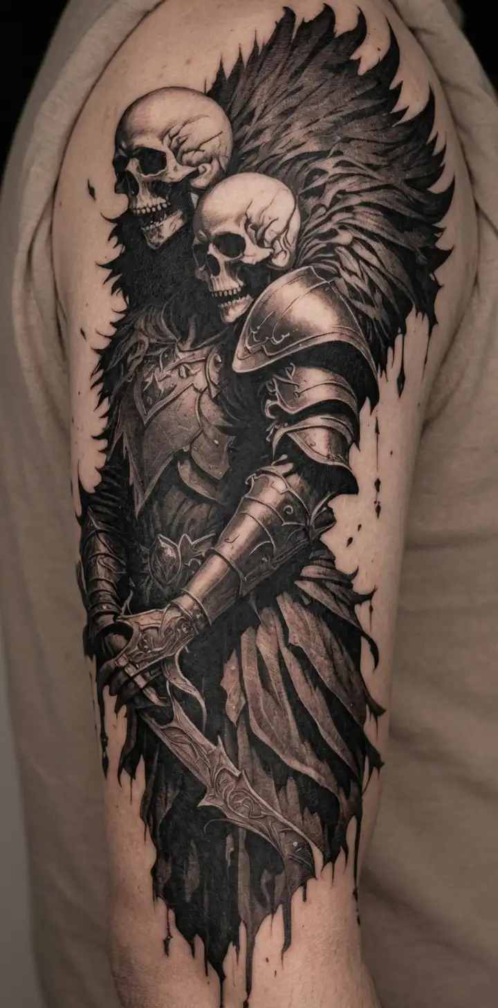 Dark Souls Style, sleeve with Frein, gloomy aesthetics, Gothic elements, armor, skulls tattoo design idea