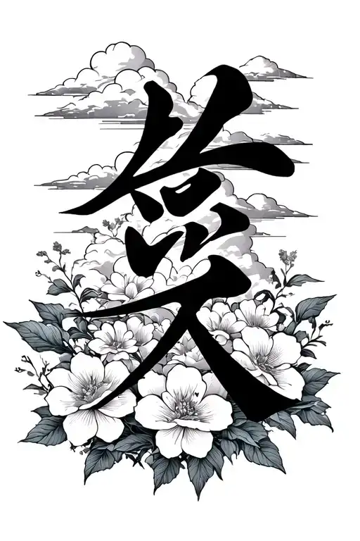 Japanese kanji for Honored One with clouds and flowers in the back tattoo design idea