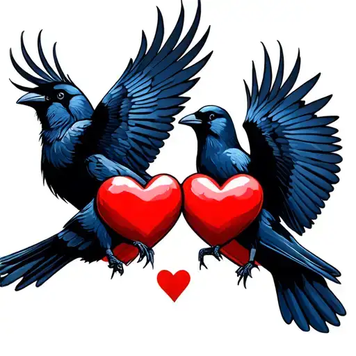 2 crows flying  holding hearts tattoo design idea