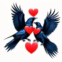 2 crows flying  holding hearts tattoo design idea