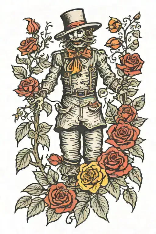 standing scarecrow with roses growing tattoo design idea