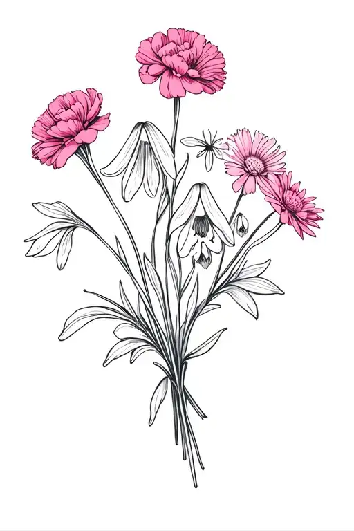 dainty bouquet of carnation, snowdrop, aster, cosmo, and larkspur flowers tattoo design idea