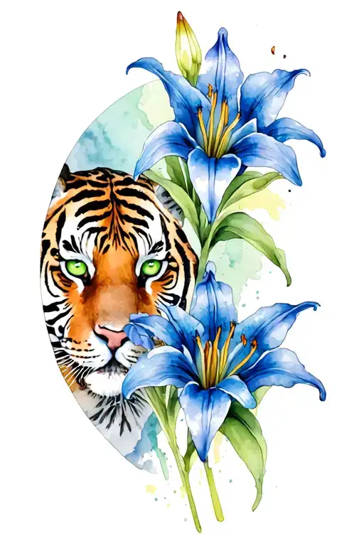 green tiger eyes hiding behind blue tiger lilies growing tattoo design idea