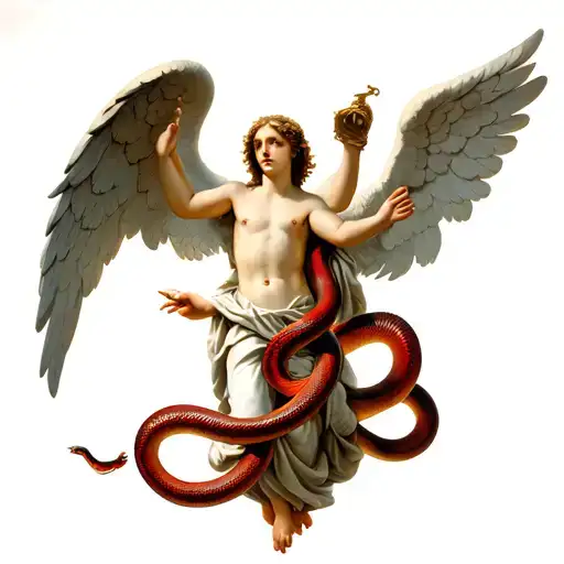 roman painting of angels with red snake wrapped around angle saying pufed tattoo design idea
