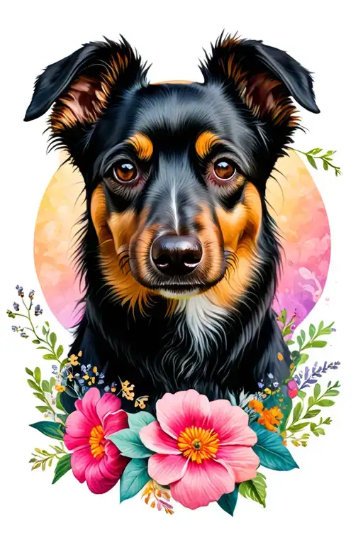 dog and flowers tattoo design idea