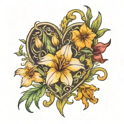 gladiolus marigold Narcissus flower heart shape tattoo design idea