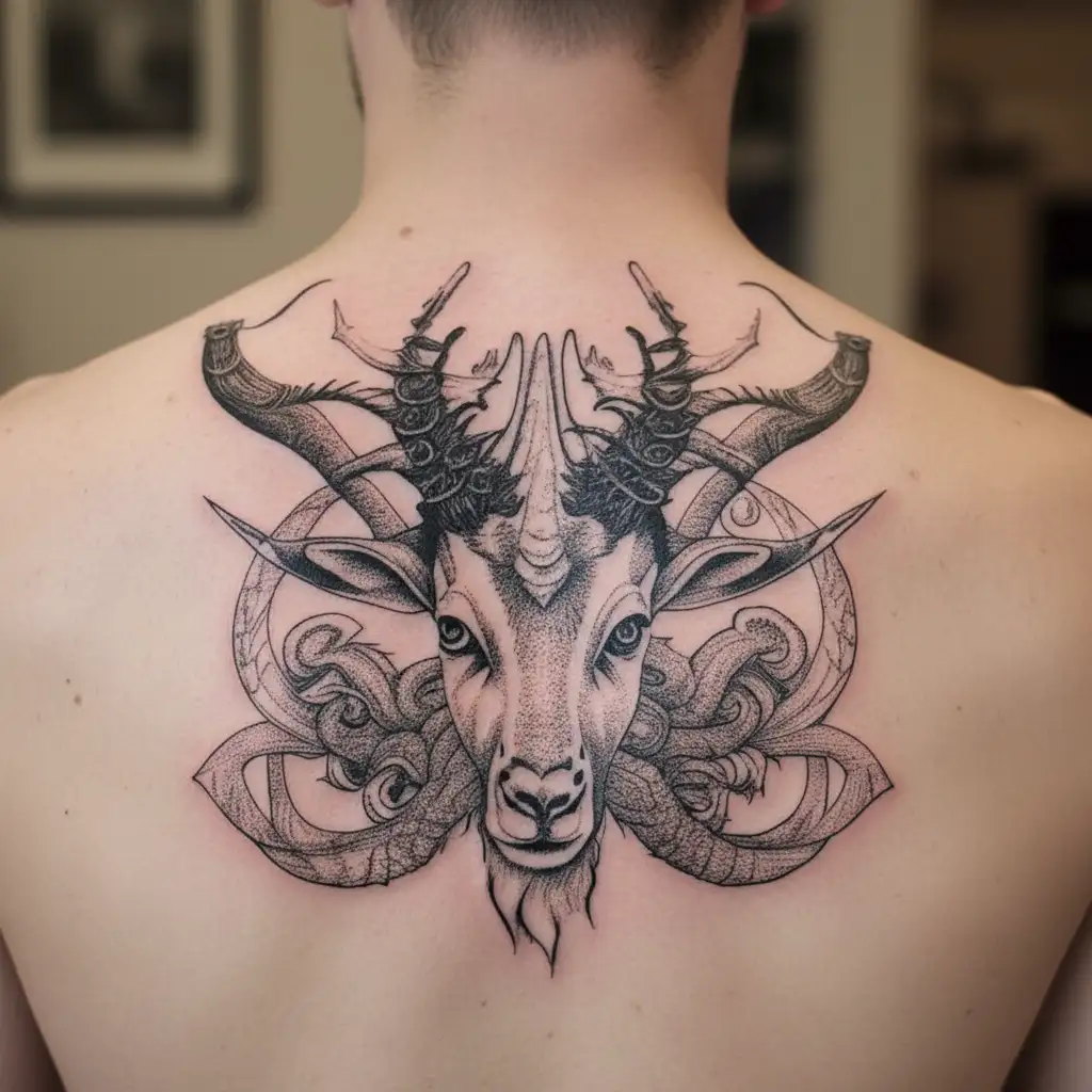 starring eyes and four-horned goat , metal music connected with anxiety disorder tattoo design idea