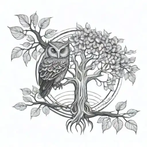 Tattoo design: - Money tree with linear trunk and branches without shadows. - Leaves in the shape of circular coins. - Owl perched on one of the branches. tattoo design idea