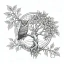 Tattoo design: - Money tree with linear trunk and branches without shadows. - Leaves in the shape of circular coins. - Owl perched on one of the branches. tattoo design idea