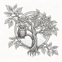 Tattoo design: - Money tree with linear trunk and branches without shadows. - Leaves in the shape of circular coins. - Owl perched on one of the branches. tattoo design idea