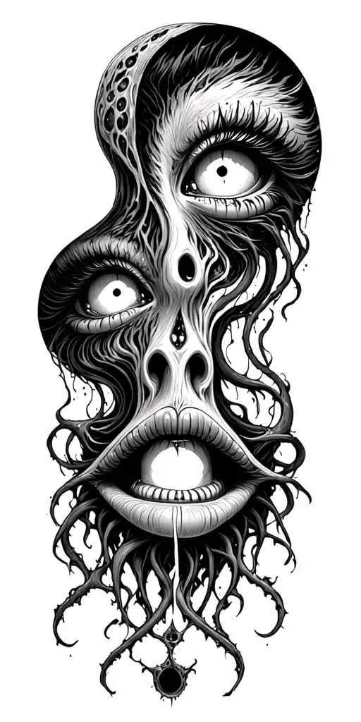 eyes, mouths, eldritch horror tattoo design idea