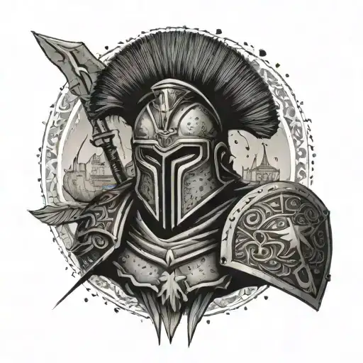 A Spartan warrior protecting his family with a shield adorned with their portraits tattoo design idea