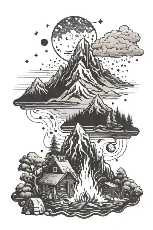 A mountain landscape with a campfire and musical notes floating in the sky tattoo design idea