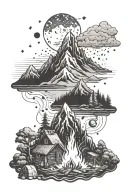 A mountain landscape with a campfire and musical notes floating in the sky tattoo design idea
