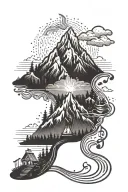 A mountain landscape with a campfire and musical notes floating in the sky tattoo design idea