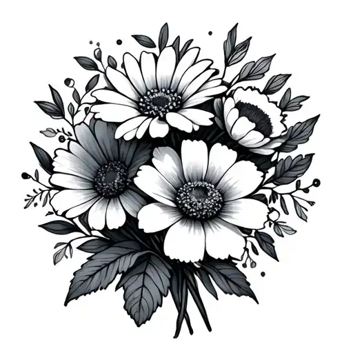 january, march, august, september birth flower bouquet, simple, tiny details tattoo design idea