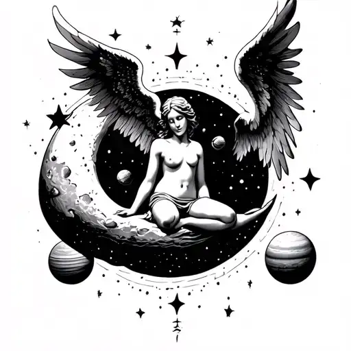 angel kneeling on moon with planets and stars surrounding tattoo design idea