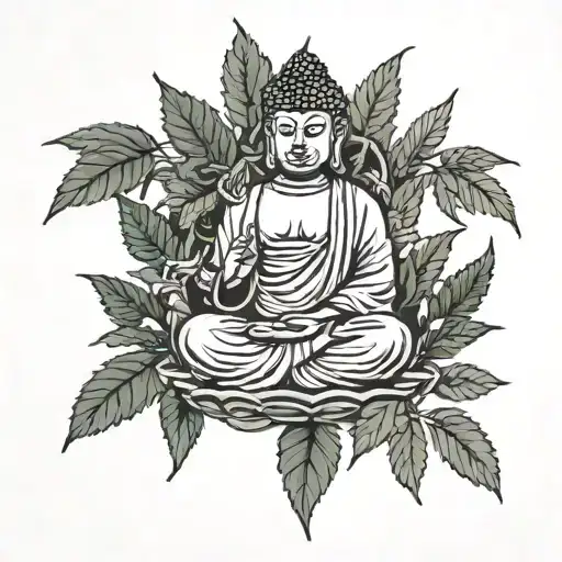 a buddha in a flat-brimmed cap smoking, sitting on top of cannabis leaves tattoo design idea