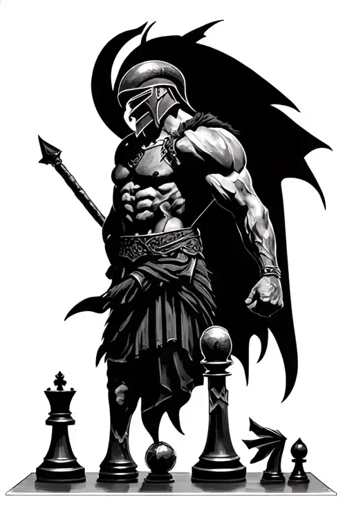 a forearm tattoo that includes spartan warrior and oni and something about chess that represent new beginings in life tattoo design idea