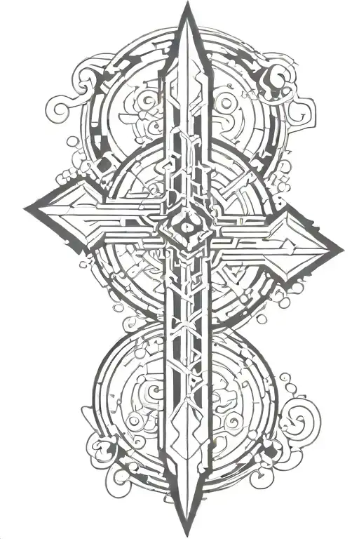 Cyber sigilism cross with pendant hanging tattoo design idea