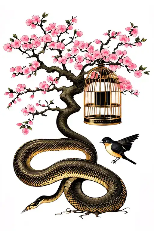 birdcage  , cherry tree, and a snake wrapping around both—protecting the tree and trying to kill the bird tattoo design idea
