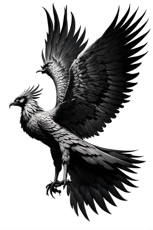 A divine, realistic-style sketch of a phoenix rising upward with its wings spread wide, viewed from behind. The backgrou tattoo design idea