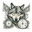 wolf with old clock surrounded with the Rebecca September 10 2022 written tattoo design idea