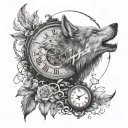 wolf with old clock surrounded with the Rebecca September 10 2022 written tattoo design idea