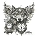 wolf with old clock surrounded with the Rebecca September 10 2022 written tattoo design idea