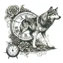 wolf with old clock surrounded with the Rebecca September 10 2022 written tattoo design idea