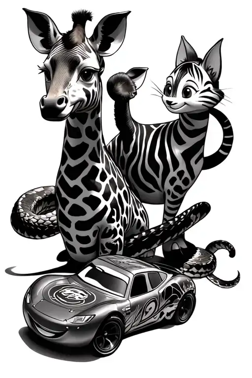 rattlesnake, giraffe, zebra, lightning McQueen and mater and Marie aristocats tattoo design idea