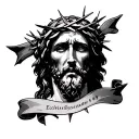 Realistic black/gray tattoo. Crying Jesus face with crown of thorns. Ribbon over mouth. Scroll with Ecclesiastes 6:9 tattoo design idea