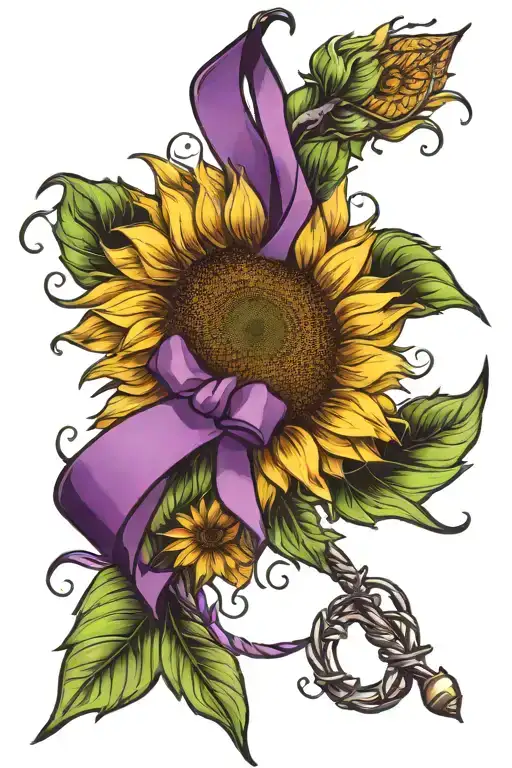 sunflower and purple ribbon with fishing hook tattoo design idea