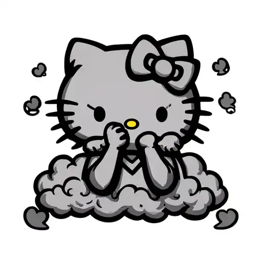clouds surrounding see no evil speak no evil hello kitty themed  tattoo design idea