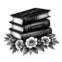 stack of books surrounded by florals tattoo design idea