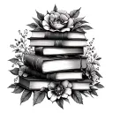 stack of books surrounded by florals tattoo design idea