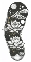 central lotus flower, celestial elements like stars and planets, sacred geometry, and serene landscapes such as mountain tattoo design idea