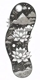 central lotus flower, celestial elements like stars and planets, sacred geometry, and serene landscapes such as mountain tattoo design idea